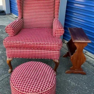 CLASSIC WING BACK CHAIR W MATCHING OTTOMAN /SIDE - MAGAZINE-TABLE