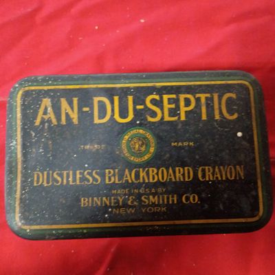 Sale Photo Thumbnail #55: Vintage Binney and Smith An-Du-Septic Dustless Blackboard Crayon Tin
