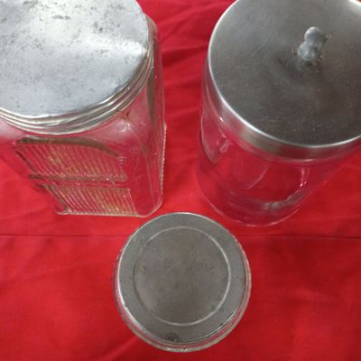 Sale Photo Thumbnail #32: Trio of Vintage Glass Kitchen Canisters with Metal Lids