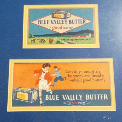 Sale Photo Thumbnail #15: Two Framed Vintage Blue Valley Butter Advertising Cards