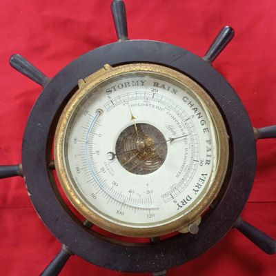 Sale Photo Thumbnail #3: Schatz German Brass and Wood Ships Wheel Holosteric Compensated Barometer