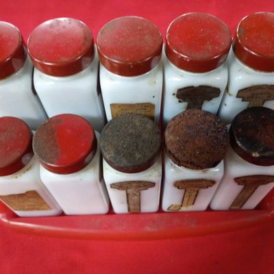Sale Photo Thumbnail #28: Set of Ten Griffith Laboratories Milk Glass Spice Jars with Red Carrier