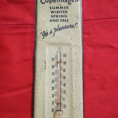 Sale Photo Thumbnail #22: Vintage Copenhagen Chew Metal Advertising Thermometer