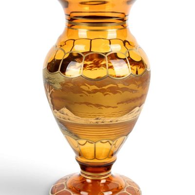 Sale Photo Thumbnail #121: Large Bohemian Hand Painted Amber Glass Courting Scene Vase