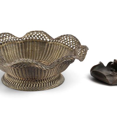 Sale Photo Thumbnail #242: Art Nouveau Frog on a Lily Pad Bronze Dish, French Silver Plated Basket