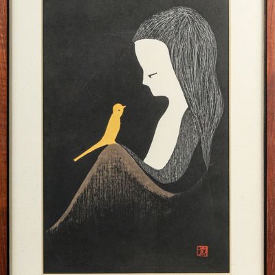 Sale Photo Thumbnail #480: Kaoru Kawano (Japanese, 1926-1989) Girl with Yellow Bird, Woodblock Print