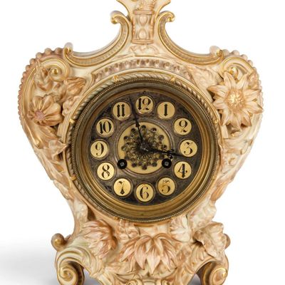 Sale Photo Thumbnail #202: Royal Worcester Blush Ivory Porcelain Mantel Clock