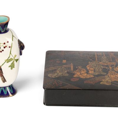 Sale Photo Thumbnail #96: French Chinoiserie Lacquer Box, Sarreguemines Majolica Vase