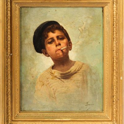 Sale Photo Thumbnail #104: Salvatore Maresca (Italian, 19th/20th Century) Smoking Boy, Oil on Canvas Painting