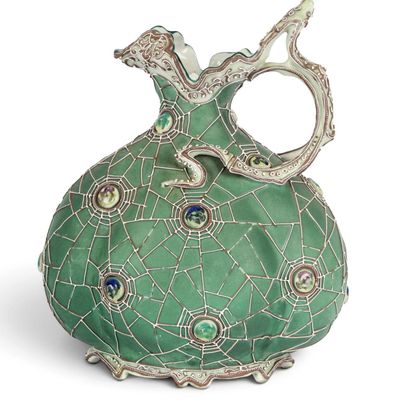 Sale Photo Thumbnail #313: Antique Nippon Porcelain Bejeweled Spider Web Moriage Pitcher