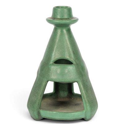 Sale Photo Thumbnail #309: Arts & Crafts Pottery Matte Green Candlestick Attr. to Weller