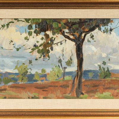 Sale Photo Thumbnail #94: Umberto Coromaldi (Italian, 1870-1948) Landscape, Oil on Board Painting