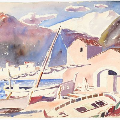 Sale Photo Thumbnail #375: James Floyd Clymer (American, 1893-1982) Fishing Village, Canada, Watercolor