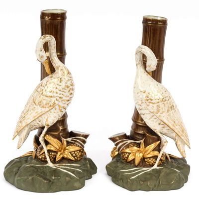 Sale Photo Thumbnail #198: Royal Worcester Porcelain Japanesque Stork and Bamboo Flower Holder Vase