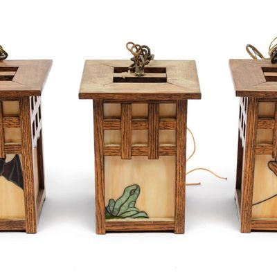 Sale Photo Thumbnail #271: Three Arts & Crafts Style Oak & Stained Glass Pendant Lights