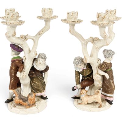 Sale Photo Thumbnail #166: Pair of Royal Worcester Queen Anne Porcelain Figural Candelabras
