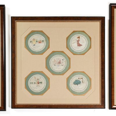 Sale Photo Thumbnail #122: Hand Painted English Limericks on Silk, Style of Edward Lear, Late 19th Century