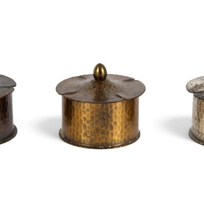 Sale Photo Thumbnail #274: Three Roycroft Hammered Metal Inkwells