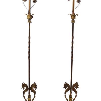 Sale Photo Thumbnail #325: Oscar Bach Style Art Deco Seahorse Patinated Iron Floor Lamps, Chicago Crest Co.