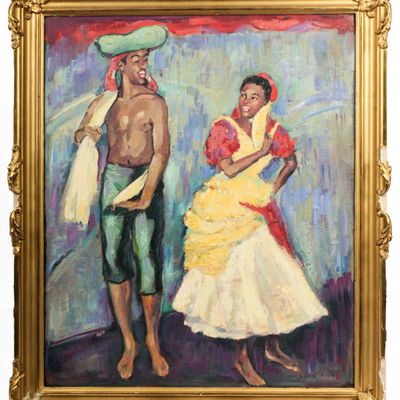 Sale Photo Thumbnail #364: William Cohn (American, 20th C.) Geoffrey Holder, Caribbean Dancers Painting
