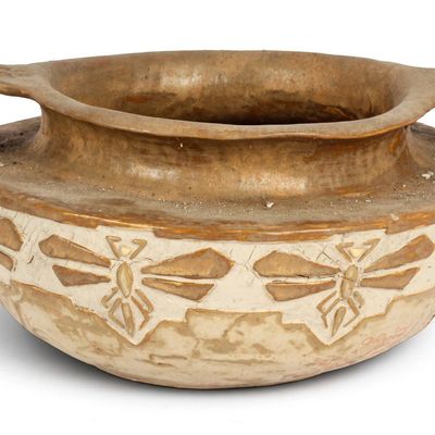 Sale Photo Thumbnail #315: Arts & Crafts Art Pottery Moth Motif Twin Handled Vessel