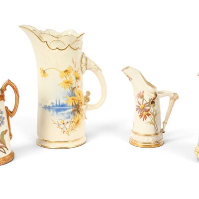 Sale Photo Thumbnail #232: Four Royal Worcester Porcelain Pitchers Incl. Tusk Ice Jug