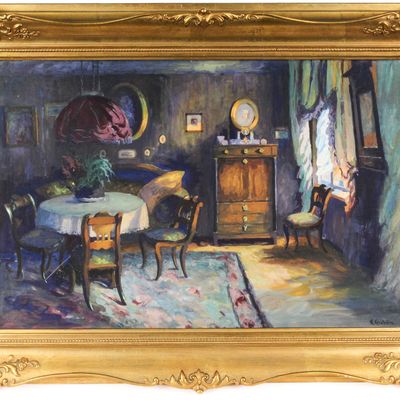 Sale Photo Thumbnail #318: Anna Grabein (German, B. 1902) Interior Scene, Oil on Paper Painting