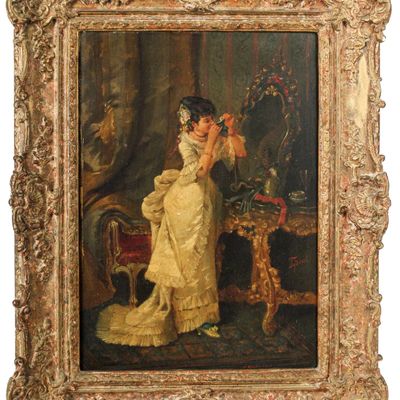 Sale Photo Thumbnail #102: Filippo Indoni Jr.(Italian, 1842-1908) Woman With Mask, Interior Scene Painting