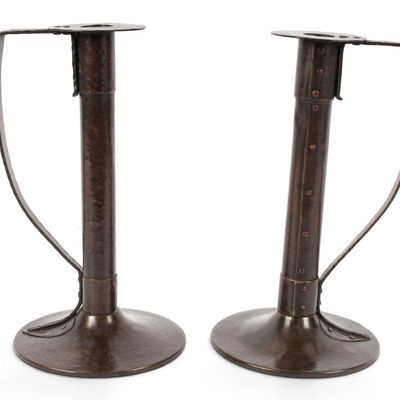 Sale Photo Thumbnail #252: Pair of Arthur John Seward English Arts and Crafts Hammered Copper Candlesticks