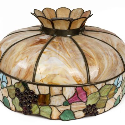 Sale Photo Thumbnail #237: Attributed to Chicago Mosaic Leaded Stained Glass Hanging Light Shade, Grape Motif