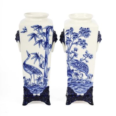 Sale Photo Thumbnail #194: Two Royal Worcester Japanesque Blue & White Handled Porcelain Vases