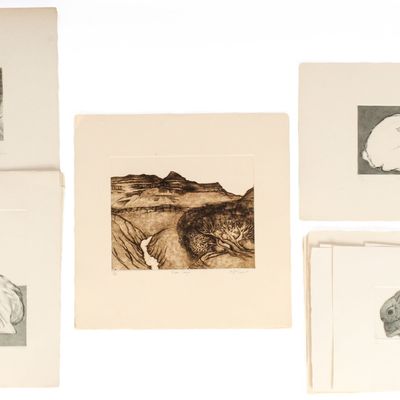Sale Photo Thumbnail #426: Christine McGinnis (American, 1937-2019) Rabbit, Mouse, and Landscape Etchings