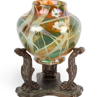Sale Photo Thumbnail #254: Tiffany Style Art Glass Millefiori Vase, Bronze Base