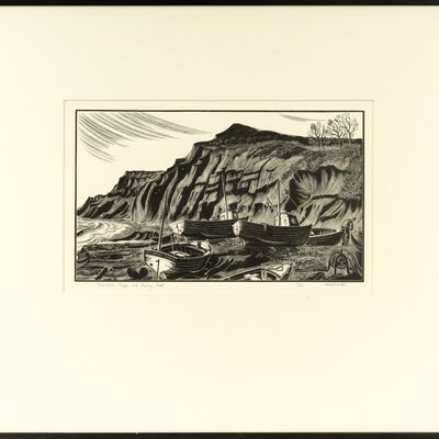 Sale Photo Thumbnail #363: Herbert Ogden Waters (American, 1903-1996) Devonshire Cliffs and Fishing Boats, Wood Engraving