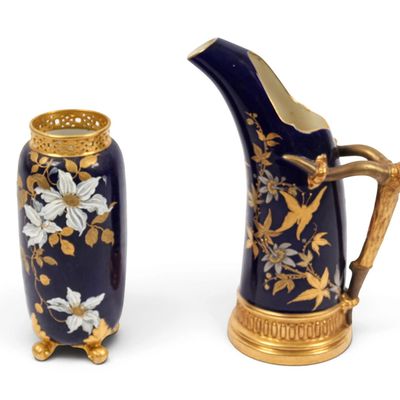 Sale Photo Thumbnail #172: Royal Worcester & Grainger Worcester Cobalt Ground Vase, Tusk Ice Jug