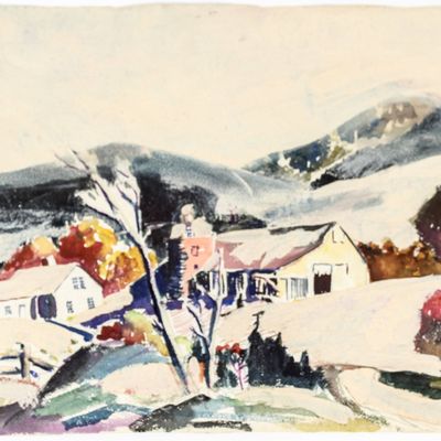 Sale Photo Thumbnail #377: James Floyd Clymer (American, 1893-1982) Rural Landscape, Watercolor