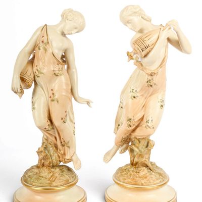 Sale Photo Thumbnail #197: Royal Worcester Porcelain Water Carrier Figures, Morning and Evening Dew
