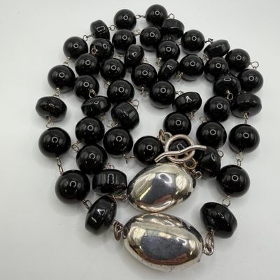 Sale Photo Thumbnail #186: Polished Black Onyx Beaded Sterling Silver Toggle Clasp Findings Necklace