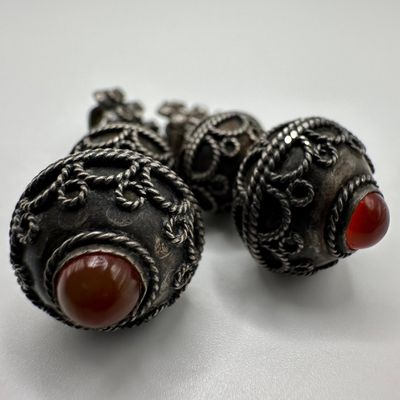 Carnelian Red Stone Cabochon 800 Silver Granulation Style Dangle Earrings