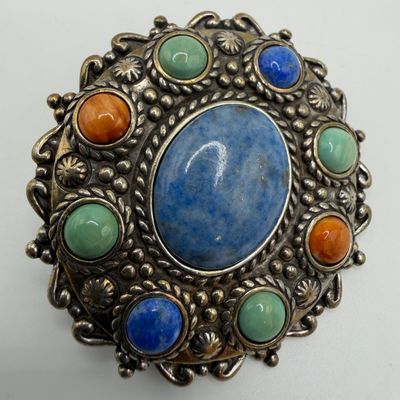 Sale Photo Thumbnail #210: Carolyn Pollack Relios Sterling Silver Brooch Turquoise Coral Center Blue Oval Lapis