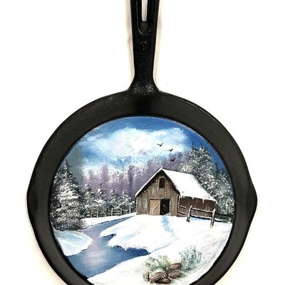 Hand Painted Cast Iron Skillet Winter Countryside