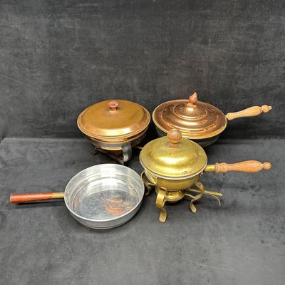 Sale Photo Thumbnail #269: Vintage Brass Copper and Aluminum Chafing Dishes with Wooden Handles 4 Pieces