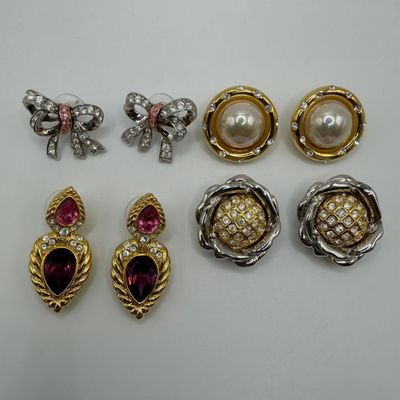 Sale Photo Thumbnail #161: Four Pairs of Nolan Miller Designer Costume Earrings Faux Pearl Crystal and Rhinestones Accents