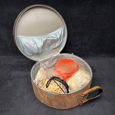 Vintage Ladies Hat Collection with Round Travel Hat Case