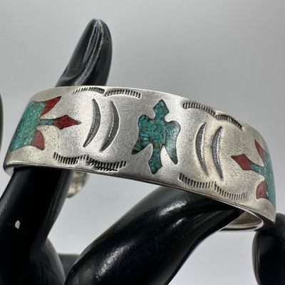 Thunderbird Navajo Turquoise Red Coral Composite Stone Chips Native Silver Cuff Bracelet
