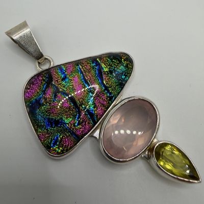 Sale Photo Thumbnail #453: Charles Albert Dichroic Glass Faceted Green and Pink Stone Sterling Jewelry Pendant