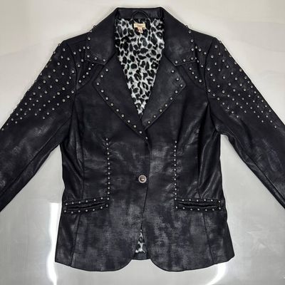 Reba Black Faux Leather Studded Jacket with Leopard Print Lining Size Small