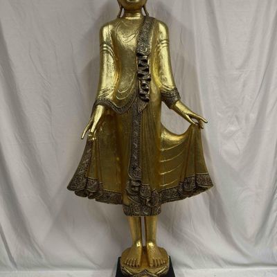 Sale Photo Thumbnail #411: Burmese Mandalay Standing Buddha Statue Gold Gilded Tone and Simulated Glass Accents R119