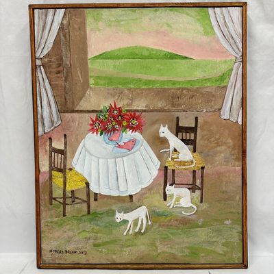 Sale Photo Thumbnail #343: White Cats in The House Signed Nicolas Dreux Haitian Artist Original Artwork 2007