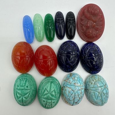 Sale Photo Thumbnail #107: Carved Scarab Style Stone and Glass Cabochon Lot of 14